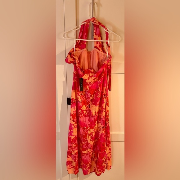 Lulus - Always Eye-Catching Hot Pink Floral Tiered Halter Midi Dress - Picture 2 of 2